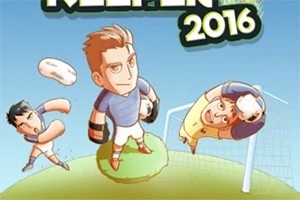 Portero caricaturesco en medio de una atajada con jugadores y una portería al fondo sobre un campo verde