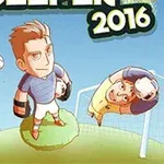 Portero caricaturesco en medio de una atajada con jugadores y una portería al fondo sobre un campo verde
