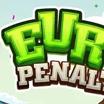 Texto EURO PENALTY en colores verde y blanco, con un balón de fútbol en la letra O, sobre un fondo de cielo con nubes