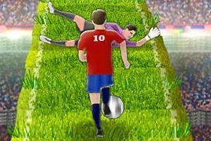 Jugador de fútbol con camiseta roja y número 10 driblando hacia un portero en una cancha inclinada de césped
