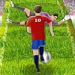 Jugador de fútbol con camiseta roja y número 10 driblando hacia un portero en una cancha inclinada de césped