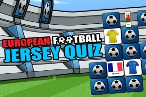 Texto European Football Jersey Quiz en un estadio de fútbol animado con casillas y balones de fútbol