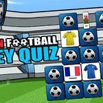 Texto European Football Jersey Quiz en un estadio de fútbol animado con casillas y balones de fútbol