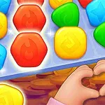 Piezas de colores brillantes con manos formando un corazón sobre monedas doradas