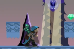 Personaje con capa azul y capucha caminando frente a una estructura alta con forma de serpiente morada y fondo azul, junto a un diamante verde flotante