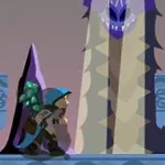 Personaje con capa azul y capucha caminando frente a una estructura alta con forma de serpiente morada y fondo azul, junto a un diamante verde flotante