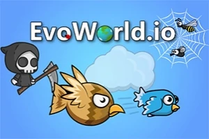 Un fondo azul claro con dos aves caricaturescas volando, una marrón y otra azul, acompañadas por una nube, un personaje esquelético con una guadaña y dos insectos en una telaraña, todo bajo el título EvoWorld