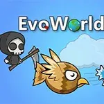 Un fondo azul claro con dos aves caricaturescas volando, una marrón y otra azul, acompañadas por una nube, un personaje esquelético con una guadaña y dos insectos en una telaraña, todo bajo el título EvoWorld