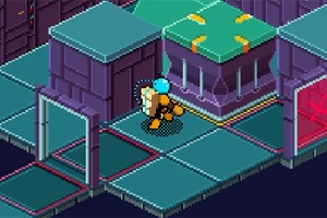 Personaje pixelado con mochila azul caminando en un entorno futurista de laberinto con paneles grises y rojos
