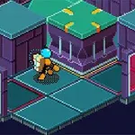 Personaje pixelado con mochila azul caminando en un entorno futurista de laberinto con paneles grises y rojos