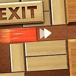 Bloques de madera deslizándose hacia una salida con la palabra EXIT