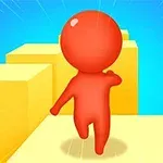 Figura roja corriendo hacia una serie de plataformas amarillas en un fondo azul brillante