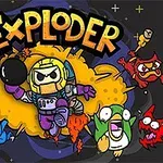 Un personaje en traje espacial lanza una bomba rodeado de criaturas coloridas y el texto Exploder en un fondo explosivo