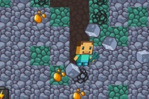 Personaje pixelado cavando en un suelo rocoso con bloques y diamantes brillantes alrededor