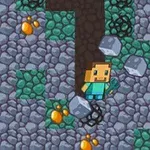 Personaje pixelado cavando en un suelo rocoso con bloques y diamantes brillantes alrededor
