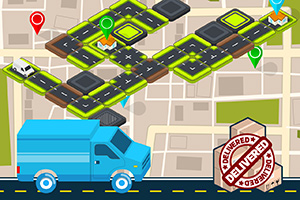 Camioneta azul de entrega sobre un mapa de calles cuadriculadas con puntos de ruta y sello de Delivered