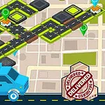 Camioneta azul de entrega sobre un mapa de calles cuadriculadas con puntos de ruta y sello de Delivered