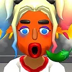 Personaje con cabello multicolor y cara anaranjada mostrando reacciones faciales exageradas mientras sostiene un chile verde