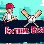 Dos personajes de béisbol animados enfrentándose, con un bateador y un receptor, y el texto Extreme Baseball con una pelota de béisbol y bates cruzados en el centro