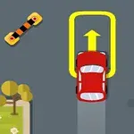 Coche rojo realizando un giro en U en una calle con flechas direccionales y arbustos en las esquinas