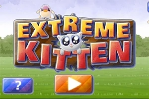 Título colorido Extreme Kitten con un gatito en el centro y un fondo de césped, acompañado de un botón de pregunta y un botón de reproducción