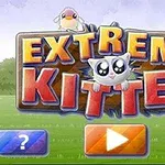 Título colorido Extreme Kitten con un gatito en el centro y un fondo de césped, acompañado de un botón de pregunta y un botón de reproducción