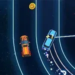 Autos de colores azul, naranja y púrpura compiten en una pista con curvas iluminadas, y se observa una moneda flotante