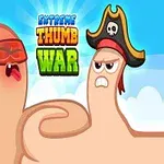 Dos pulgares personificados, uno con una venda roja y lengua afuera, y otro con un sombrero de pirata, sobre un fondo azul con nubes
