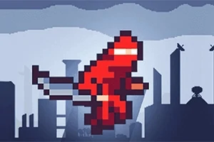 Personaje pixelado en traje rojo saltando sobre un fondo de ciudad futurista