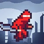 Personaje pixelado en traje rojo saltando sobre un fondo de ciudad futurista