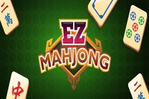 Logotipo central con texto EZ Mahjong rodeado por fichas de Mahjong sobre un fondo verde