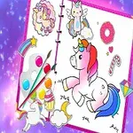 Un unicornio sonriente rodeado de dibujos de arcoíris, estrellas y dulces en una página de libro de colorear con fondo brillante