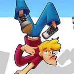 Personaje de dibujos animados cayendo de cabeza con expresión divertida, junto a una línea de meta ajedrezada