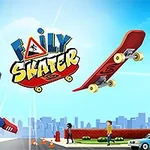Un personaje animado saltando con una patineta roja en un entorno urbano con fondo de ciudad