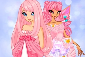 Dos personajes femeninos de estilo animado con cabello rosa y vestidos elegantes en un fondo azul claro