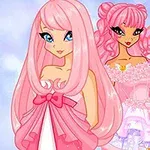 Dos personajes femeninos de estilo animado con cabello rosa y vestidos elegantes en un fondo azul claro