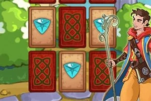 Un mago con túnica colorida y bastón está de pie frente a una serie de cartas con diseño de gemas azules y dorso rojo en un entorno verde y boscoso