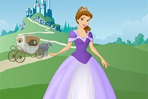 Princesa con vestido morado y corona frente a un castillo en el fondo, con un carruaje tirado por caballos en un camino