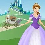 Princesa con vestido morado y corona frente a un castillo en el fondo, con un carruaje tirado por caballos en un camino