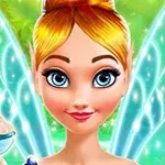 Hada de cabello rubio con alas brillantes sosteniendo un tazón