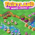 Un paisaje colorido con campos verdes, flores, pociones mágicas, y pequeñas criaturas en una cuadrícula, acompañado por un letrero que dice Fairyland Merge & Magic