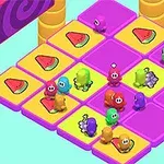 Personajes coloridos sobre un tablero de cuadrados morados y amarillos con imágenes de sandías y uvas