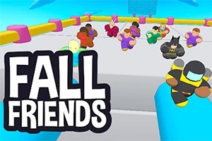 Personajes coloridos en una plataforma con el texto Fall Friends