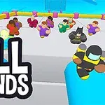 Personajes coloridos en una plataforma con el texto Fall Friends