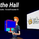 Persona virtual pelirroja sosteniendo un cubo grande frente a una pantalla con logotipo en un entorno oscuro