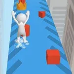 Personaje blanco corriendo en una pista azul entre edificios, esquivando cubos rojos