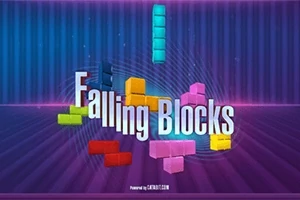Bloques de colores cayendo sobre un fondo con un patrón de líneas, y el texto Falling Blocks en el centro