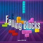Bloques de colores cayendo sobre un fondo con un patrón de líneas, y el texto Falling Blocks en el centro