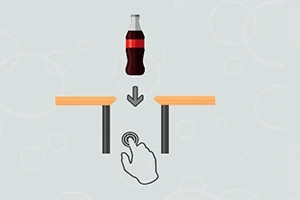 Botella de refresco cayendo entre dos plataformas con una flecha y un ícono de mano presionando