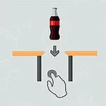 Botella de refresco cayendo entre dos plataformas con una flecha y un ícono de mano presionando